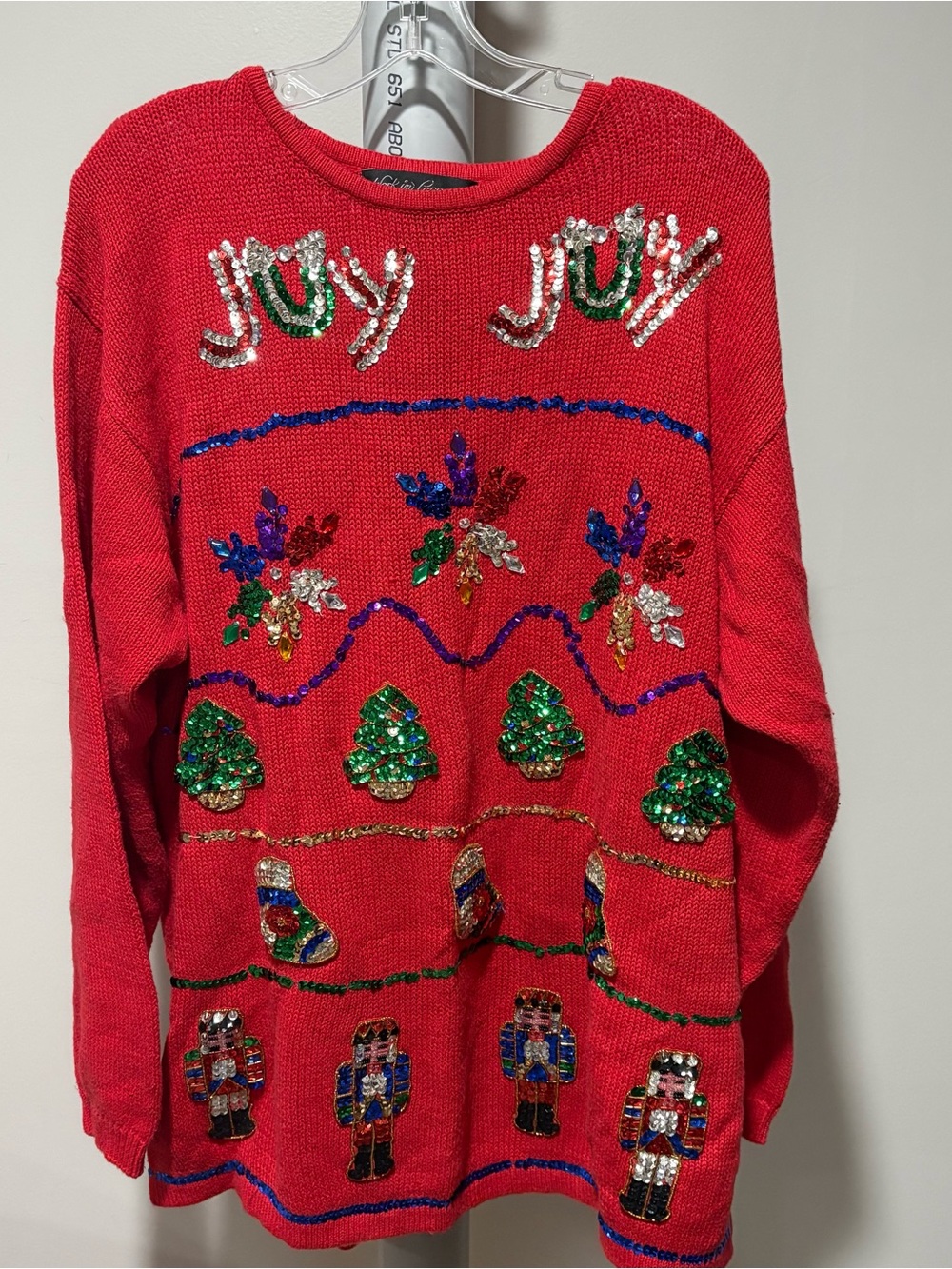Vtg Work In Progress Ugly Christmas Sweater Red Sequin Tree Nutcracker Holiday